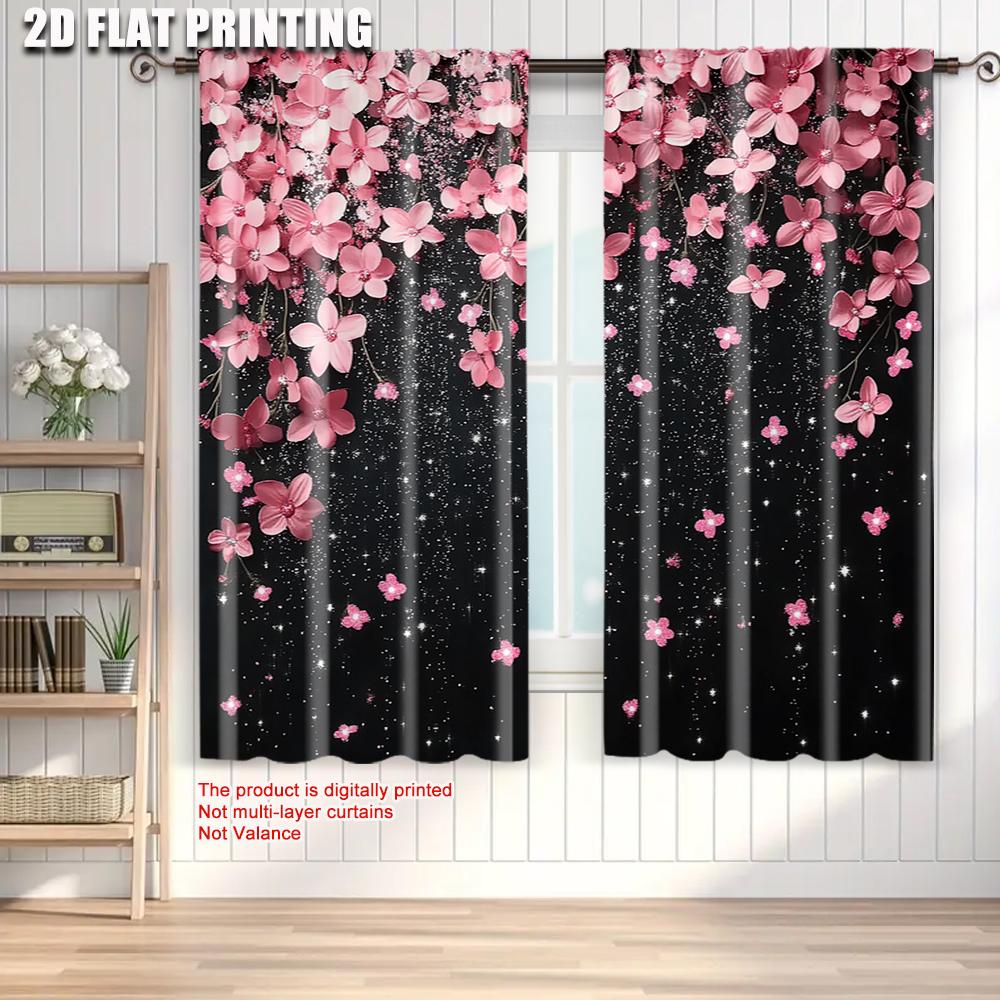 2pcs   Popular Curtains  plane printing Black Curtains with Pink and White Stars Design Machine Washable Fabric (without rod)