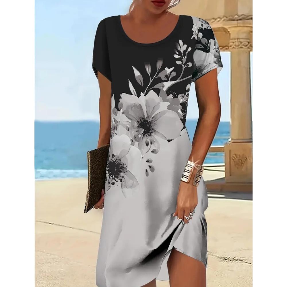 Women's Short-sleeved A-line Skirt 3d Color Printed Pullover Dress Fashionable and Elegant Summer Loose Round Neck Dress