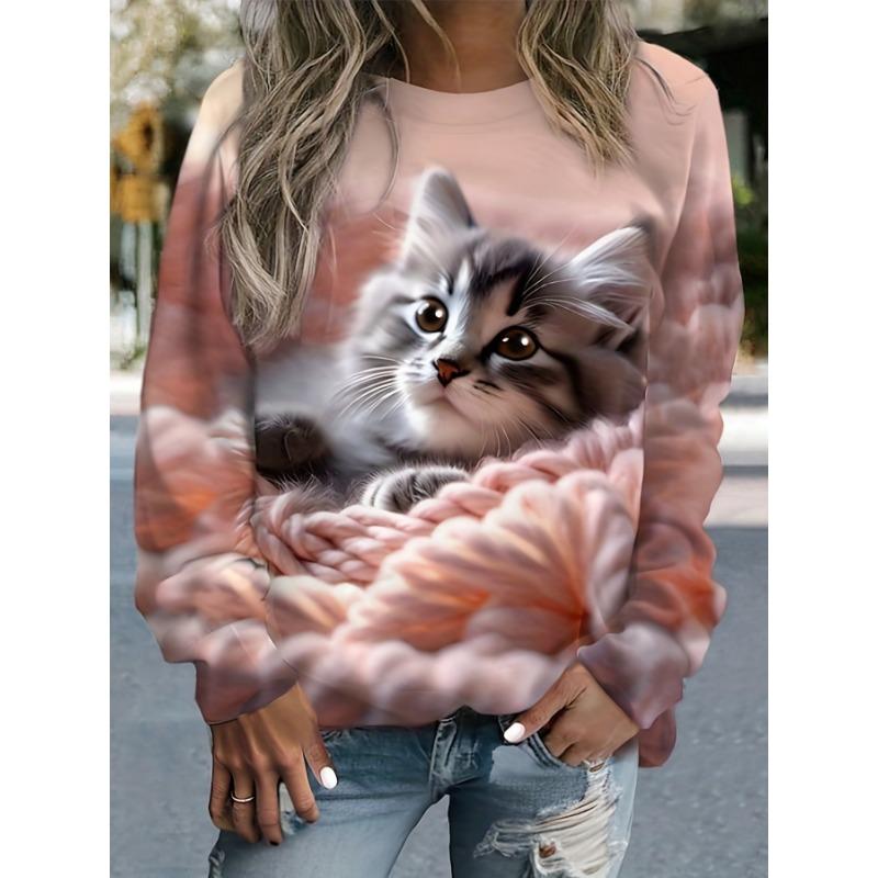 Women's Long Sleeve Crew Neck Casual 3D Cute Cat Pattern Pullover Sweatshirt