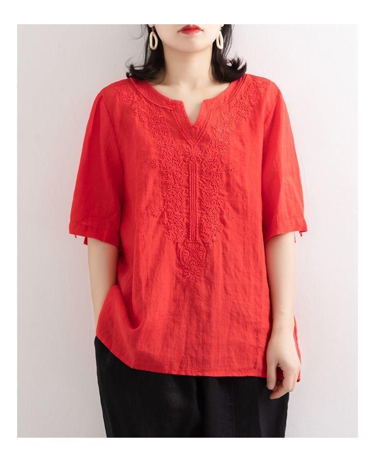 Neues Baumwollleinen Stickerei V-Ausschnitt Übergröße Hemd