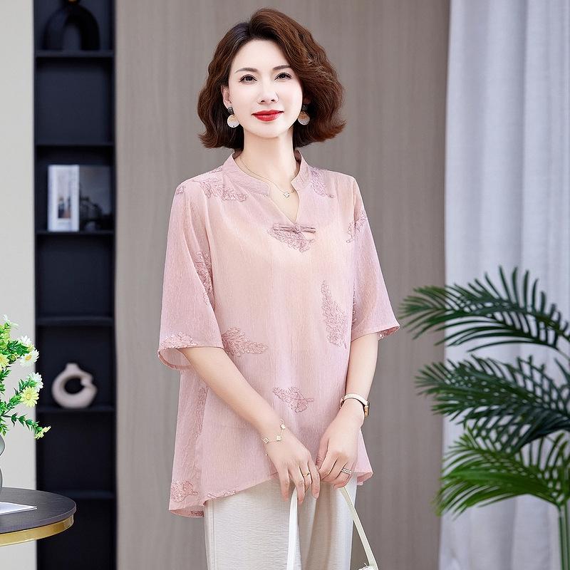 Mom's Summer Chic Chinese-Style Loose T-Shirt Set for Women