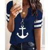 Top Women Summer Fashion Anchor Print Zipper Front Casual V-Neck Short Sleeve Daily T-Shirt Top Y2K Clothes