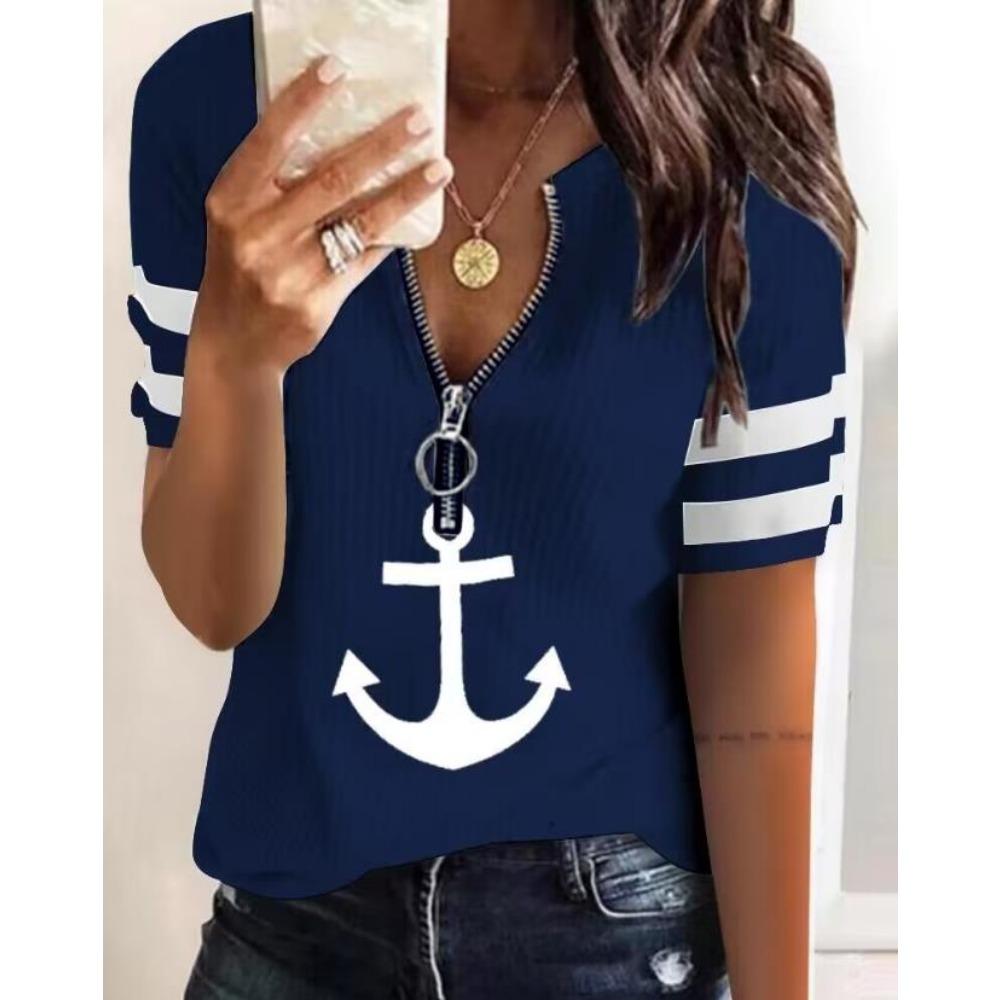 Top Women Summer Fashion Anchor Print Zipper Front Casual V-Neck Short Sleeve Daily T-Shirt Top Y2K Clothes
