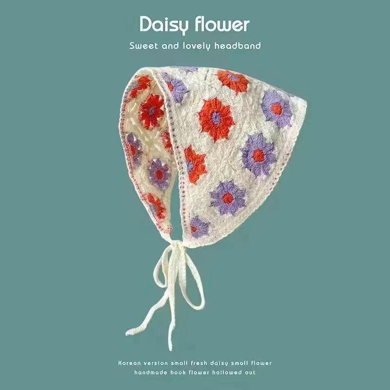 Korean Style Knitted Crochet Triangle Scarf: Women's Sweet Flower Headscarf Hat