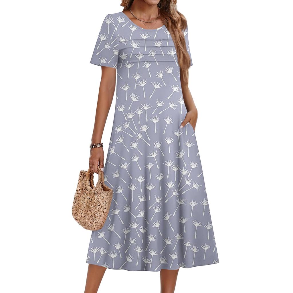 Ladies' Floral Printed Casual And Fashionable Short Sleeved Round Neck Dress