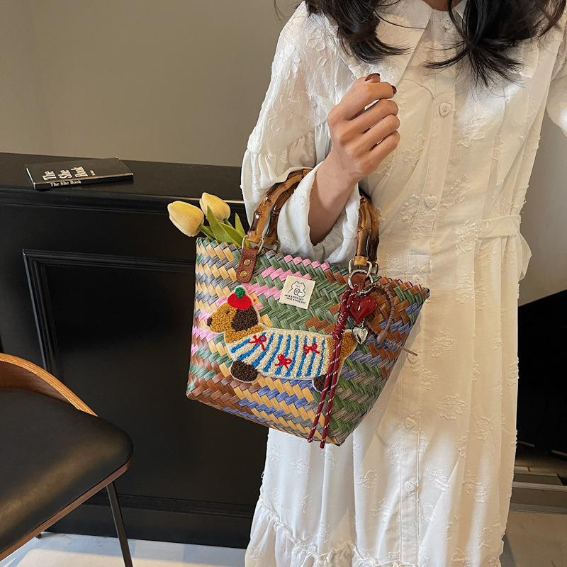 Vintage Striped Dachshund Handwoven Vegetable Basket Handbag Women's Large Capacity Commuter Bag Handheld Bucket Bag