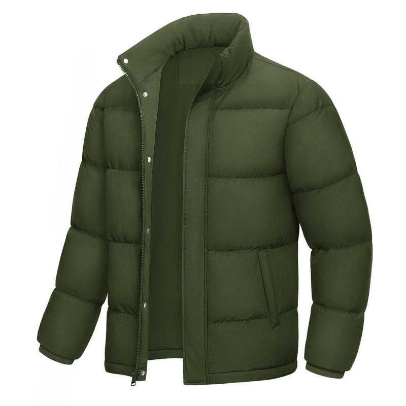 Mens Solid Thick Cotton Puffer Coat Winter Warm Casual Stand Collar Jacket