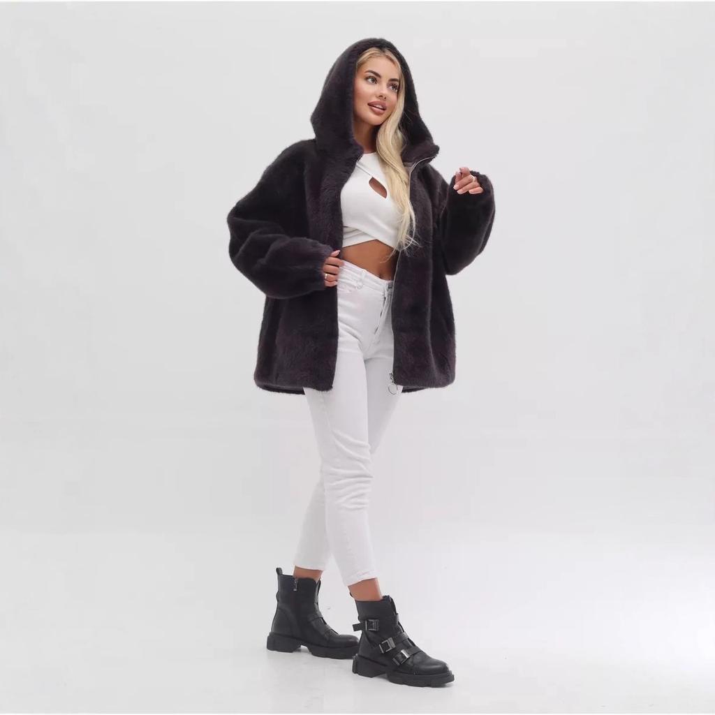 Women's Hooded Long Sleeve Faux Fur Coat Loose Fit Casual Winter Zipper Jacket