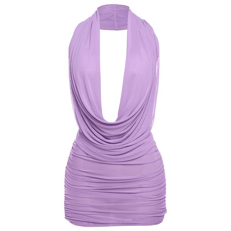 

# Sisjuly# Hot Dance Floor Focus Latin Style Deep V Swing Collar Open Back Sexy Halter Spaghetti Straps Dress Female Purple L