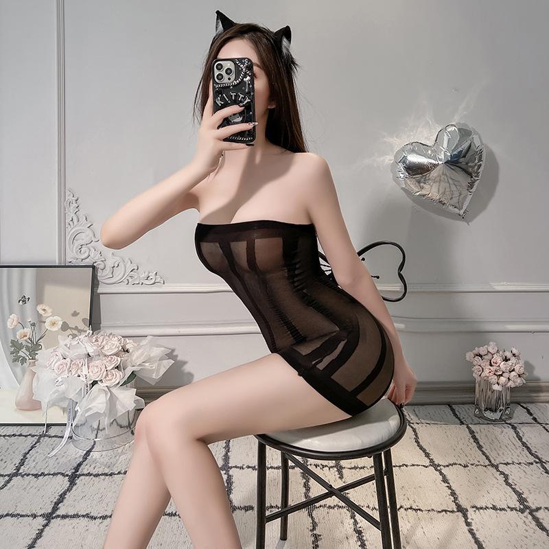 Sex underwear women's perspective striped tube top, hip-wrapped short skirt, mesh clothing, one-piece socks, elastic sexy stockings