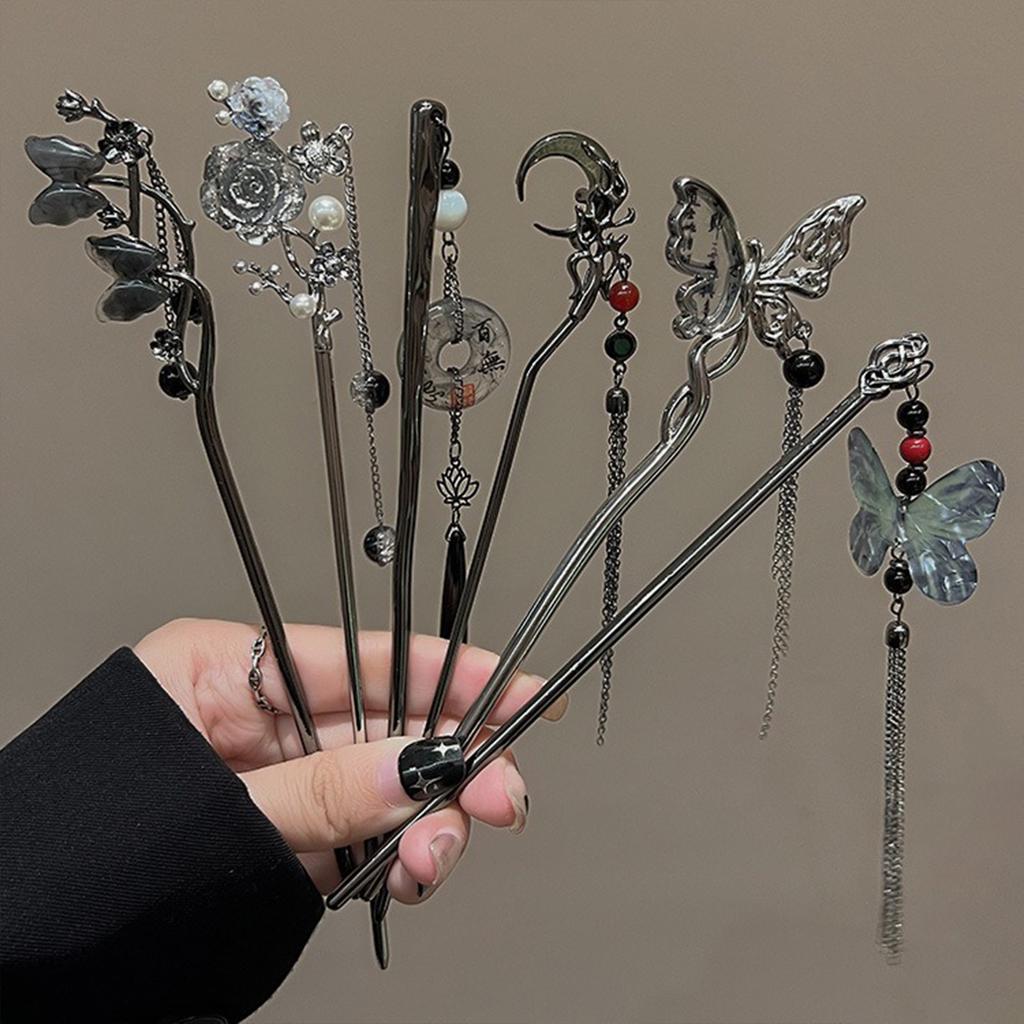 Chinese Court Style Hair Pins With Tassel Alloy Vintage Butterfly Flowers Hair Clip For Women Wedding Hair Jewelry Accessories