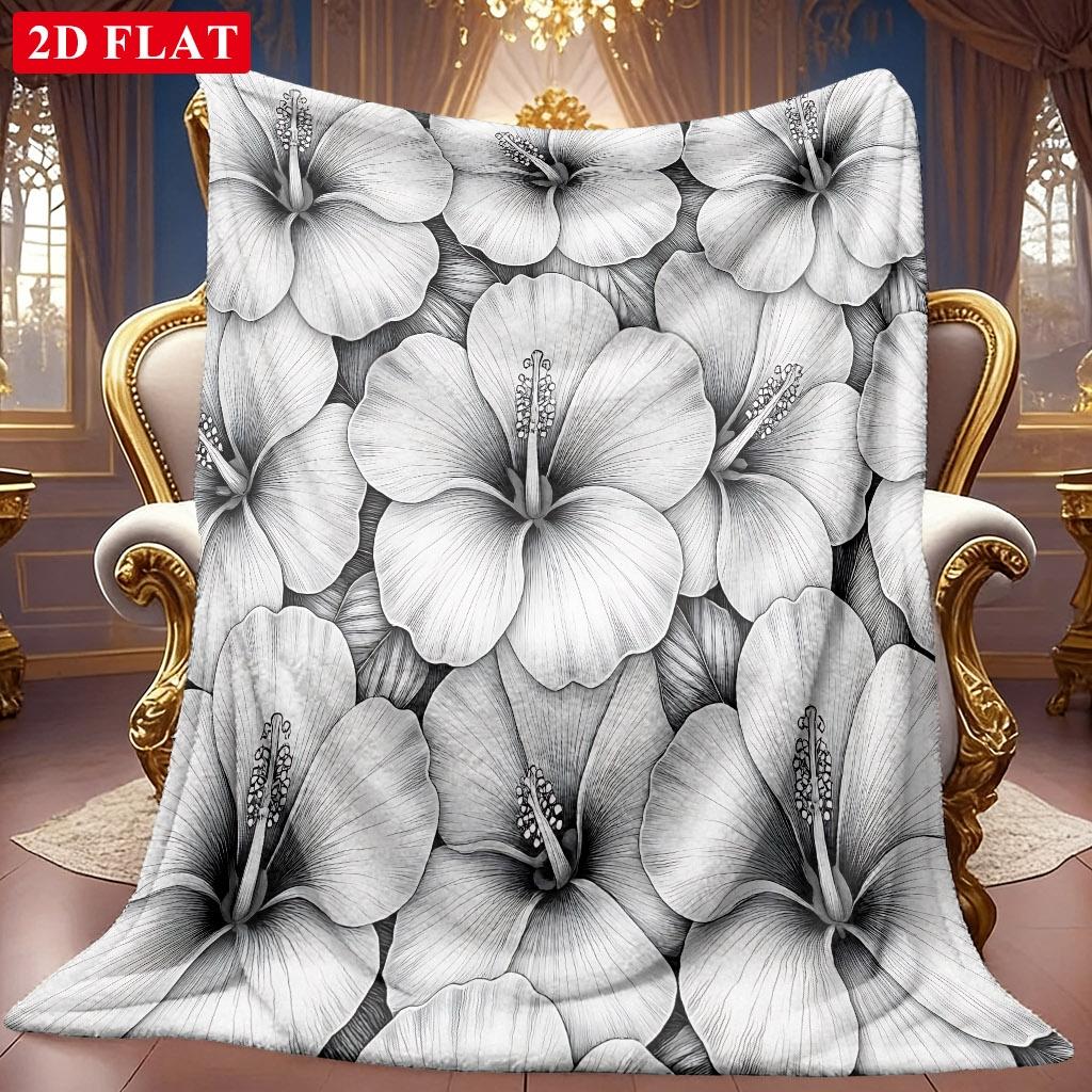 1pc 2D Black And White Hand-Drawn Hibiscus Theme Pattern Flannel Blanket, Soft HD Digital Print, Cooling Blanket Suitable for All Seasons! Soft And Br