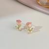 Elegant Pink Rose Studs Earrings 925 Sterling Silver Needle Zircon Small Earrings  Girls