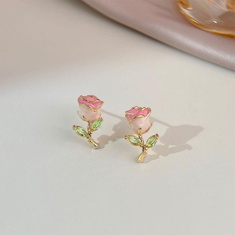 Party Jewelry Pink Rose Studs Earrings 925 Sterling Silver Needle Zircon Small Earrings  Girls