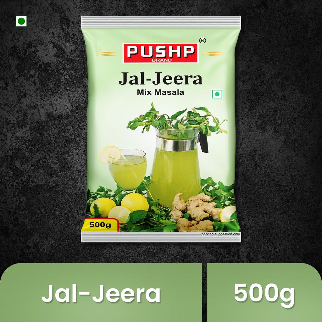 Polvere Jal Jeera Marca Pushp (Masala) Busta da 500 g | Confezione da 1 | Miscela Istantanea Masala per Bevanda Rinfrescante Estiva & Chat, Miscela Menta e Cumino, No
