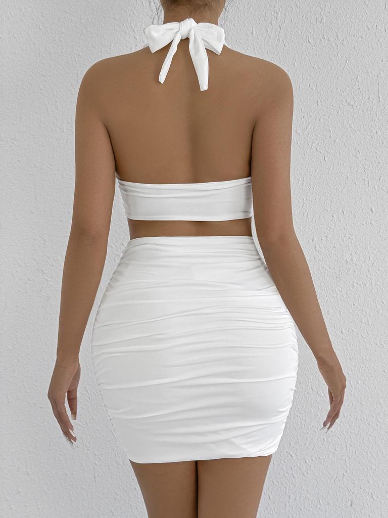 2024 Women's Halter Tie-up Two-Piece Bodycon Set: European and American Style Sexy Ruched V-neck Camisole Dress