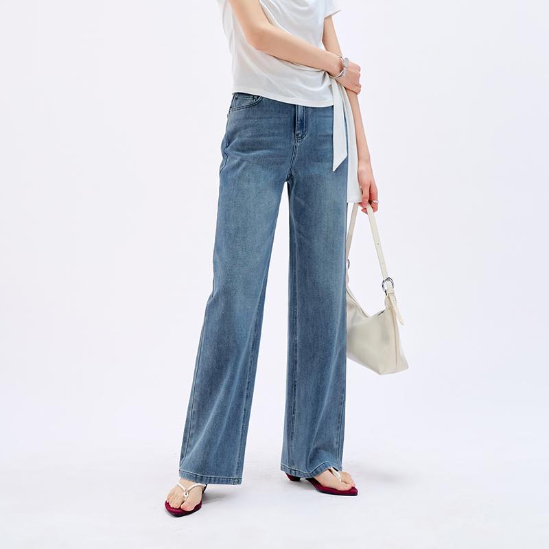 Soft, thin, comfortable, slimming wide leg pants for women, mesh power elastic high waisted straight leg denim floor pants for women