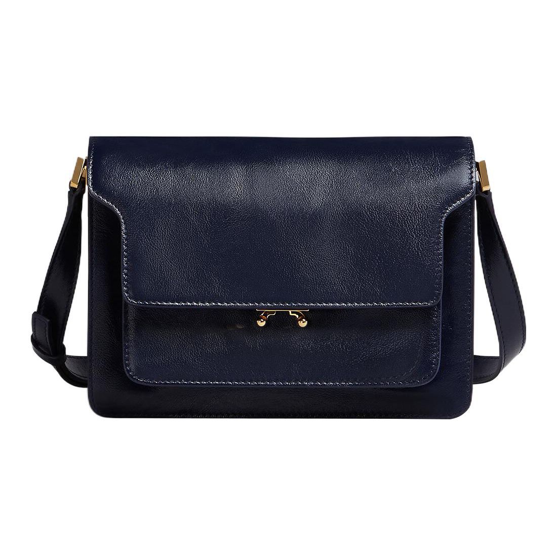 Marni Trunk Casual Effen Kleur Heet Stempel Logo Flap Sluiting Kleine Kalfsleren Crossbody Schoudertas Dames tassen Blauw SBMP0103U0P2644Z559B Basic Set (Bag+Dust Bag)