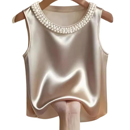 Damenweste Rundhalsausschnitt Imitierte Perlen Verziert Ärmellos Oberteile Glattes Satin Weiche Oberteile Lockerer Schnitt Freizeitoberteile Party Urlaub Tägliche Kleidung