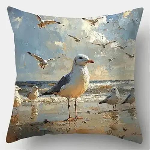 Home Decor Seagulls On Beach Coastal Art Pillow Covers Pattern Cushion Cover Suitable For Sofa Bedroom Car Pillow Cover