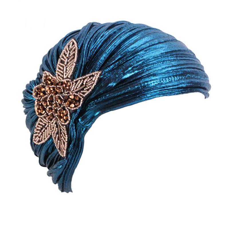 Nové dámské zlaté stříbrné turbanové čepice chemo bandana hidžáb plisovaná indická čepice turbante klobouk dámský šátek na vlasy muslimská pokrývka hlavy
