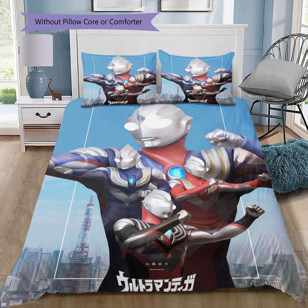 Three-piece cartoon Ultraman Tiga printed bedding set,(1*Duvet Cover + 2*Pillowcase, Without Core) suitable for bedroom use.
