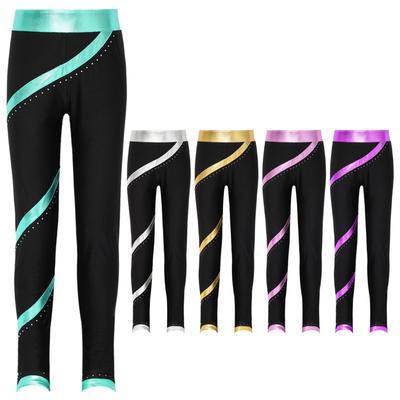 Kids Girls Figure Skating Gymnastics Performance Leggings Shiny Rhinestones Skinny Pants