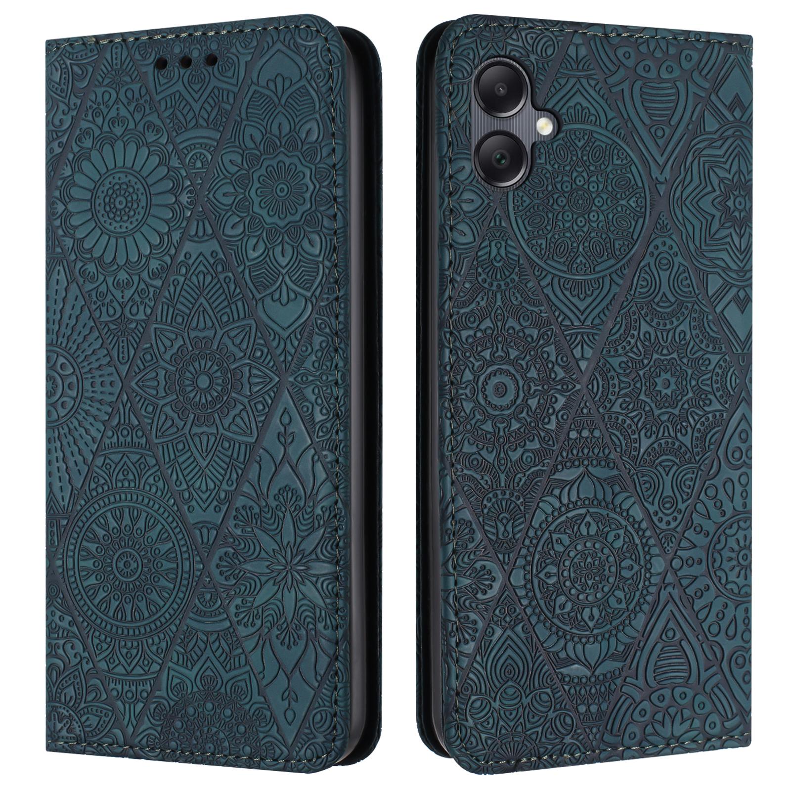 

For Samsung Galaxy A07 4G Case Imprinted Flower Wallet Stand Leather Phone Cover Blue