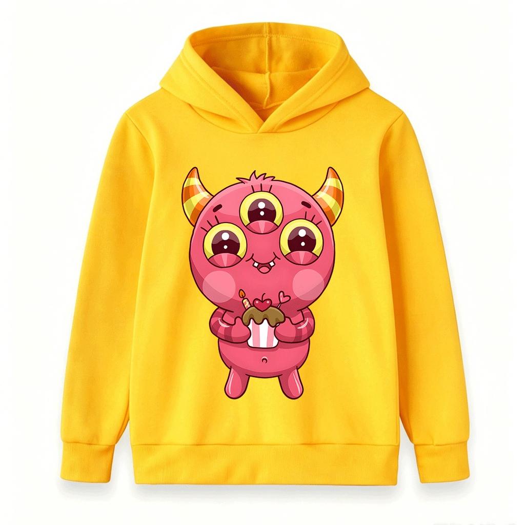 Kids Boys Girls Pullover Hoodie Cute Three-Eyed Pink Monster Print Casual Soft Hooded Sweatshirt For Boys Girls Daily Party Holiday Warm Comfortable