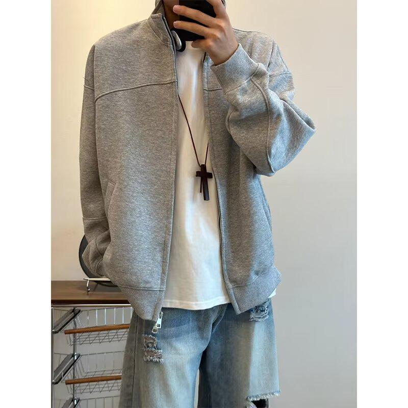Men s Retro Stand-Up Collar Hoodie - Heavyweight Loose-Fit Spring/Autumn Cardigan Medium светло-серый