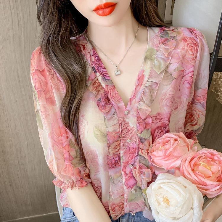 V-neck Floral Shirt for Women's Summer Stylish Ruffle Edges and Short Sleeves Pink Chiffon Top
