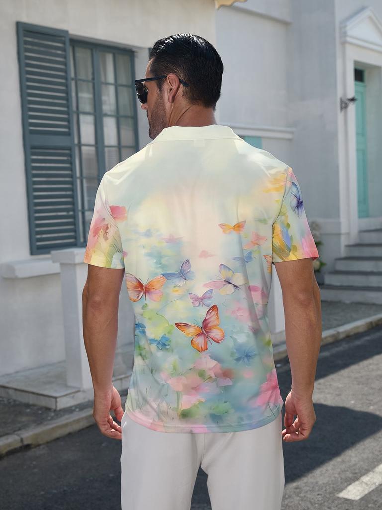 Men'S Short-Sleeve Polo Shirt Featuring a Flat Digital Print Design - a Textured-Free Artwork of Colorful Butterflies in Flight. This Stylish And
