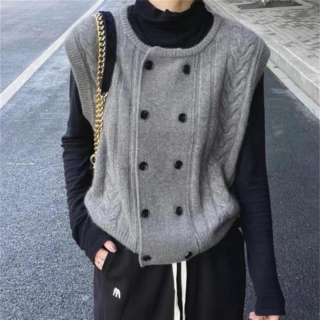 

Двубортный трикотажный жилет для женщин на весну и осень, накладной с поясом, круглый вырез, кардиган, свитер, жилет из жареного теста L