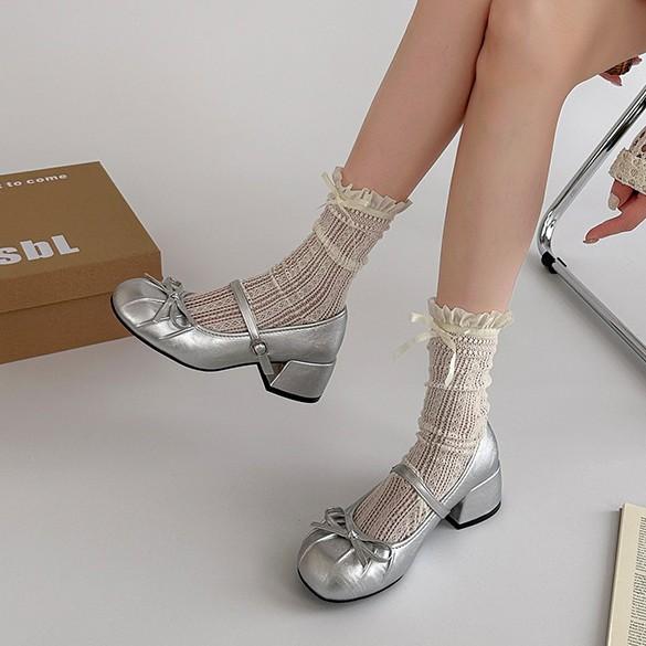 Coarse Heel High Heel Mary Jane Shoes French Pleated Round Head 2025 New Summer Bow Gentle Single Shoes Women's Skirt