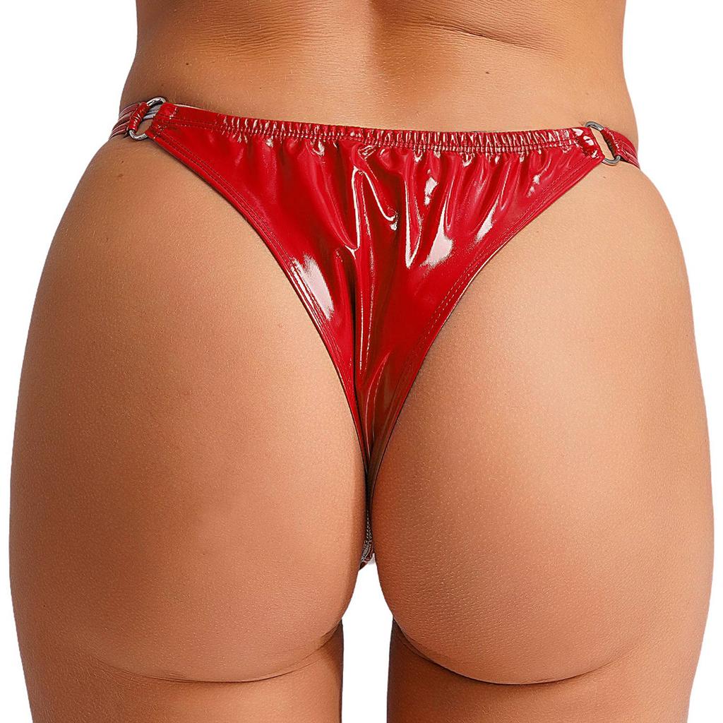 Womens Patent Leather Thong Underwear Elastic Waist O Ring Design Solid Color Glossy Briefs Nightclub Panties
