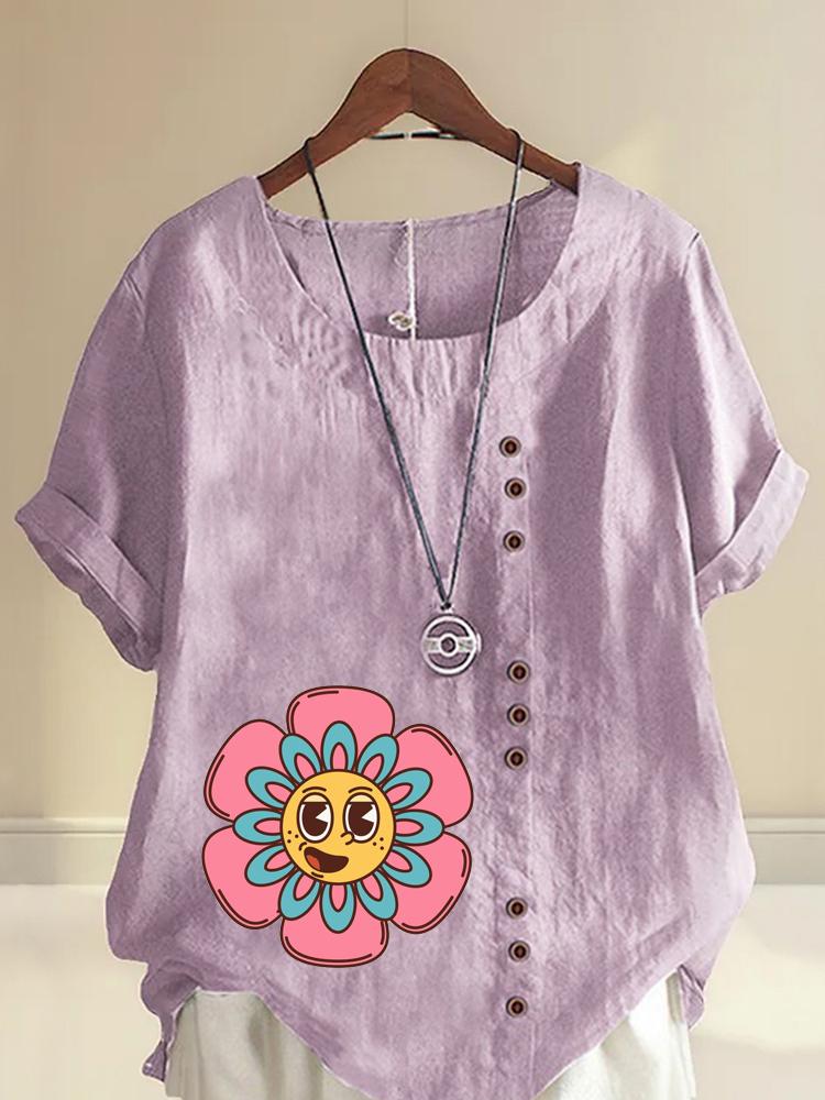 Women's Fashion Sunflower Print Shot Sleeve T-shirt Loose Cotton Shirt Casual Loose Summer Blouse Tops Plus Size