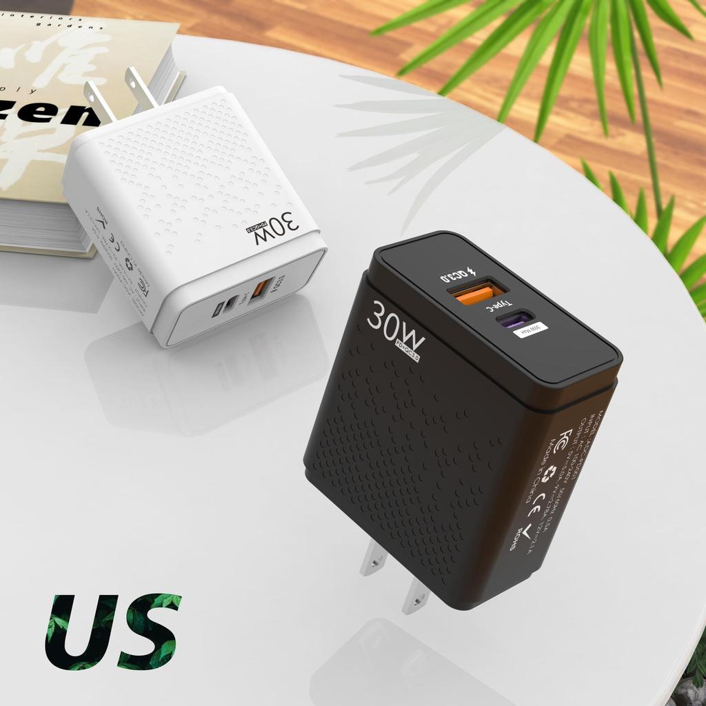 30W Fast Charger for Mobile Phone and Laptop - PD+USB, EU/US/UK Standard