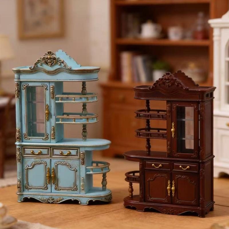 1:12 Scale Antique Doll House Screen Cabinet Model Figurine With Functional Drawers And LED Light for Scene Displaying