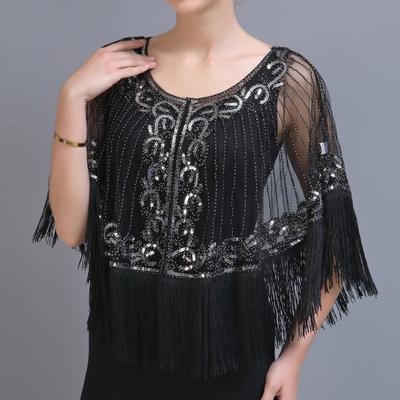 Damen Vintage 1920er Flapper Schal Gatsby Abend Bolero Pailletten Fransen Transparent Mesh Brautüberzug für Hochzeitsfeier