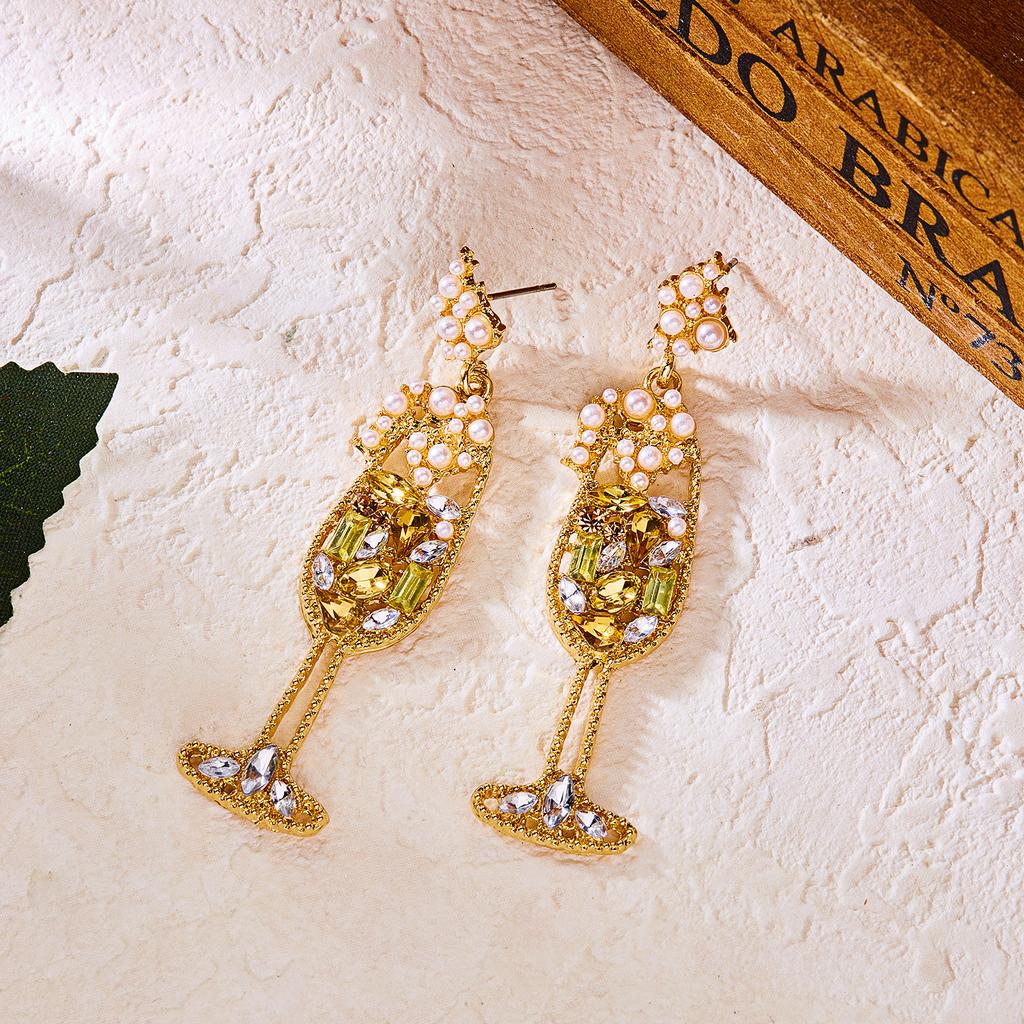 Vintage Full Rhinestone Wine Glass Earrings for Women Elegant Imitation pearl Lemon Cup Earring Party Jewellery Accessories