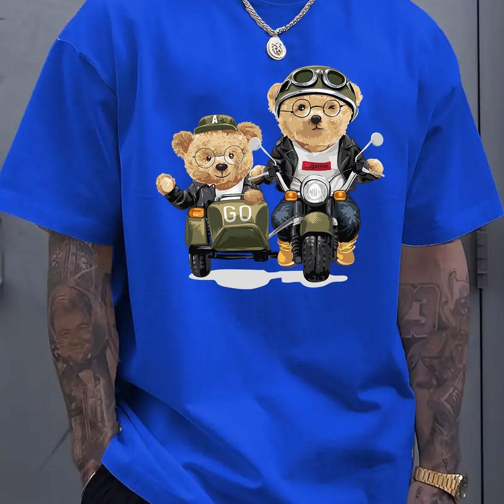 Summer 100 Cotton Fashionable Casual Sports Loose Cartoon Bear Pattern Printed Round Neck Short Sleeved Men's T-shirts