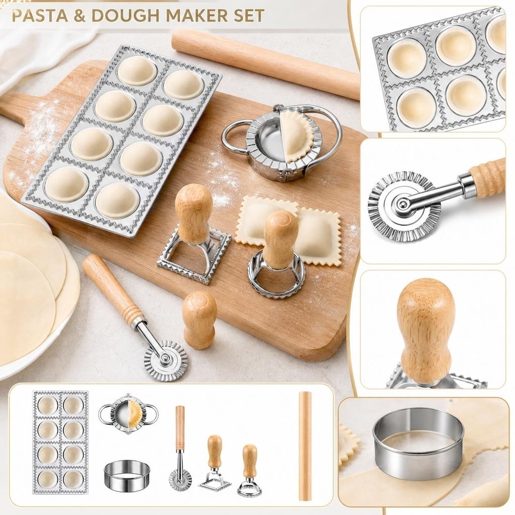 Manual Pasta Maker Set with Rolling Pin Ravioli Mold Dumpling Press Dough Cutter and Stamps for Homemade Italian and Asian Style Dumplings