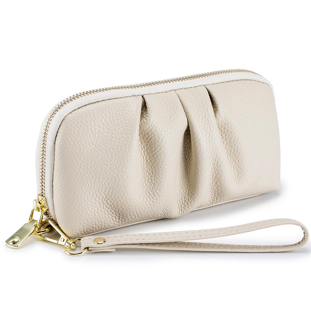 Top Grain Cowhide Versatile Pleated Leather Wristlet Wallet Clutch - Large Capacity Phone Handbag