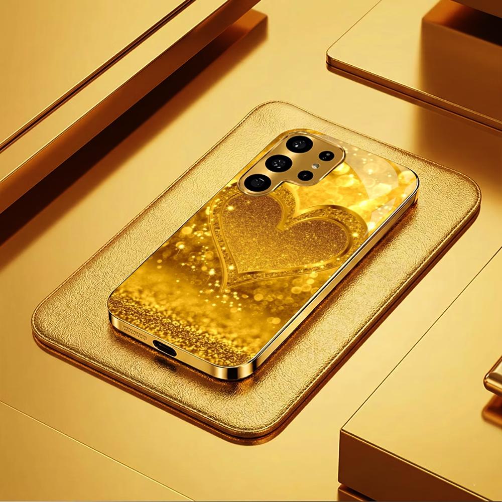 Extra-large golden heart Glass PhoneCase for Samsung Galaxy S26 S25 S24 S23 S22 FE Ultra Plus Built-in glass Gold Exquisite