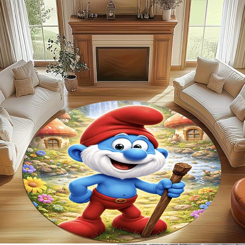 Blue Smurfs Print Round Rug, Washable Floor Carpet, For Entryway Dorm Laundry Room Office Study, Home Decor Birthday Christmas Gift