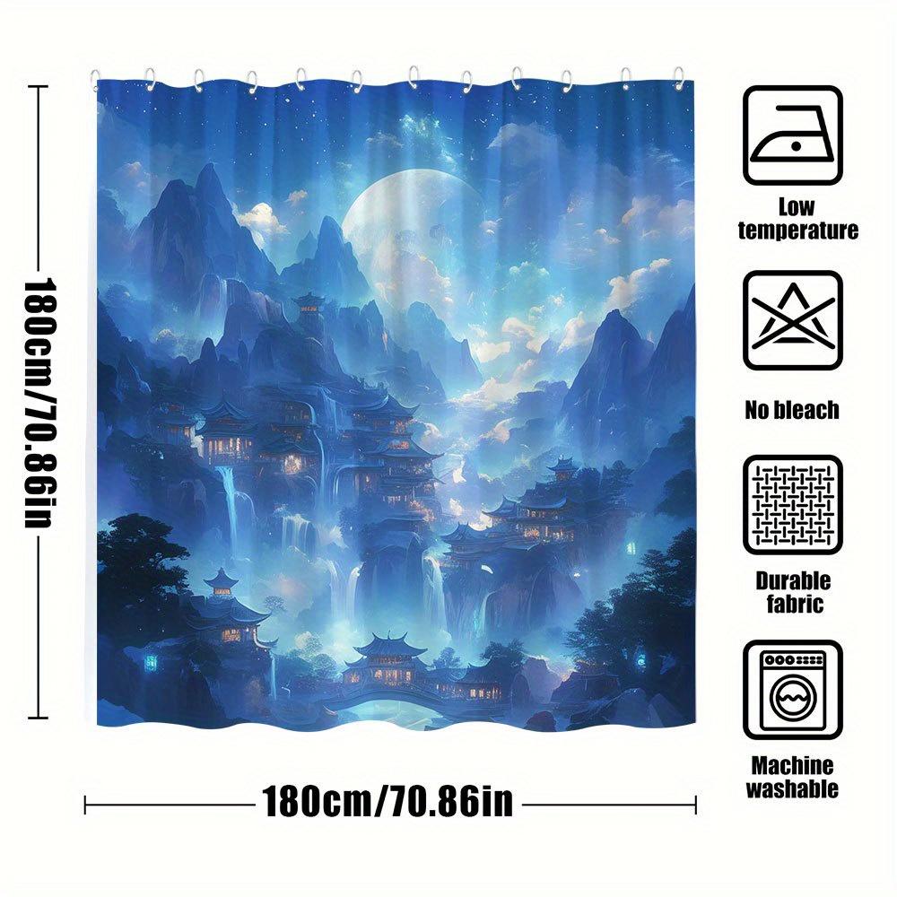 1Pc Mystical Mountain Bath Curtain - Nighttime East Asian Village With Blue Glow Waterfalls, Snow-Capped Peaks & Full Moon Fanta