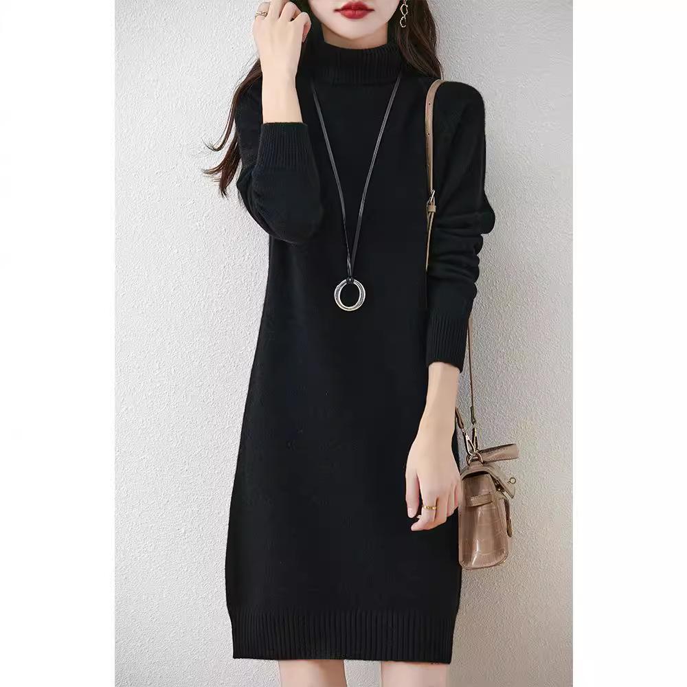 Damen Verdicktes Woll-Rollkragenkleid - Mittellang, Lockere Passform, Überschnittene Schulter, Herbst-/Winter-Stil