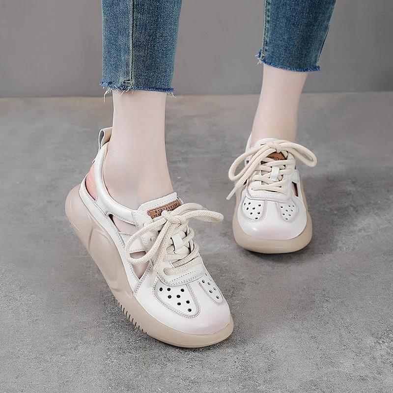 Fashion 3.5CM Platform Sandals Women New Summer Round Toe Shoes Lace-Up Genuine Leather Thick Bottom Lightweight Casual Sneakers Sandals