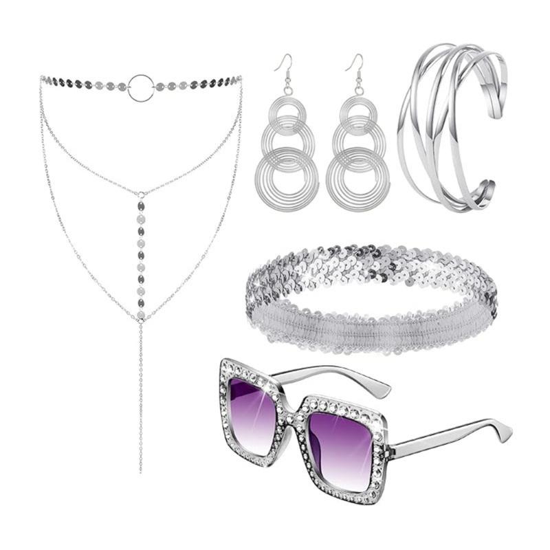 5 Peças Bijuteria Fantasia Disco Anos 1970, Óculos de Sol Brincos Colar Tiara Pulseira, para Mulheres Festa Temática Disco Anos 70/80