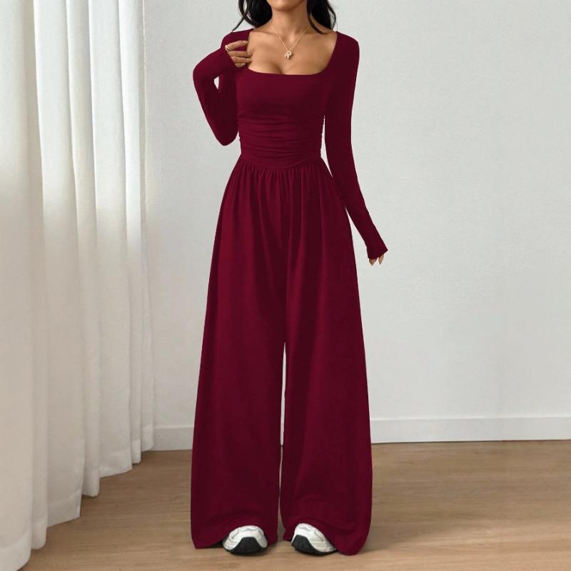Women Fashion Casual Long Sleeve Square Neck Solid Wide Leg Jumpsuit